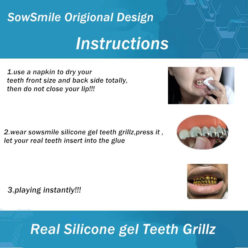 SowSmile Hiphop Gold Silver Real Silicone Gel Snap on Dental False Cover Perfect Smile Veneers Denture Braces Teeth Grillz
