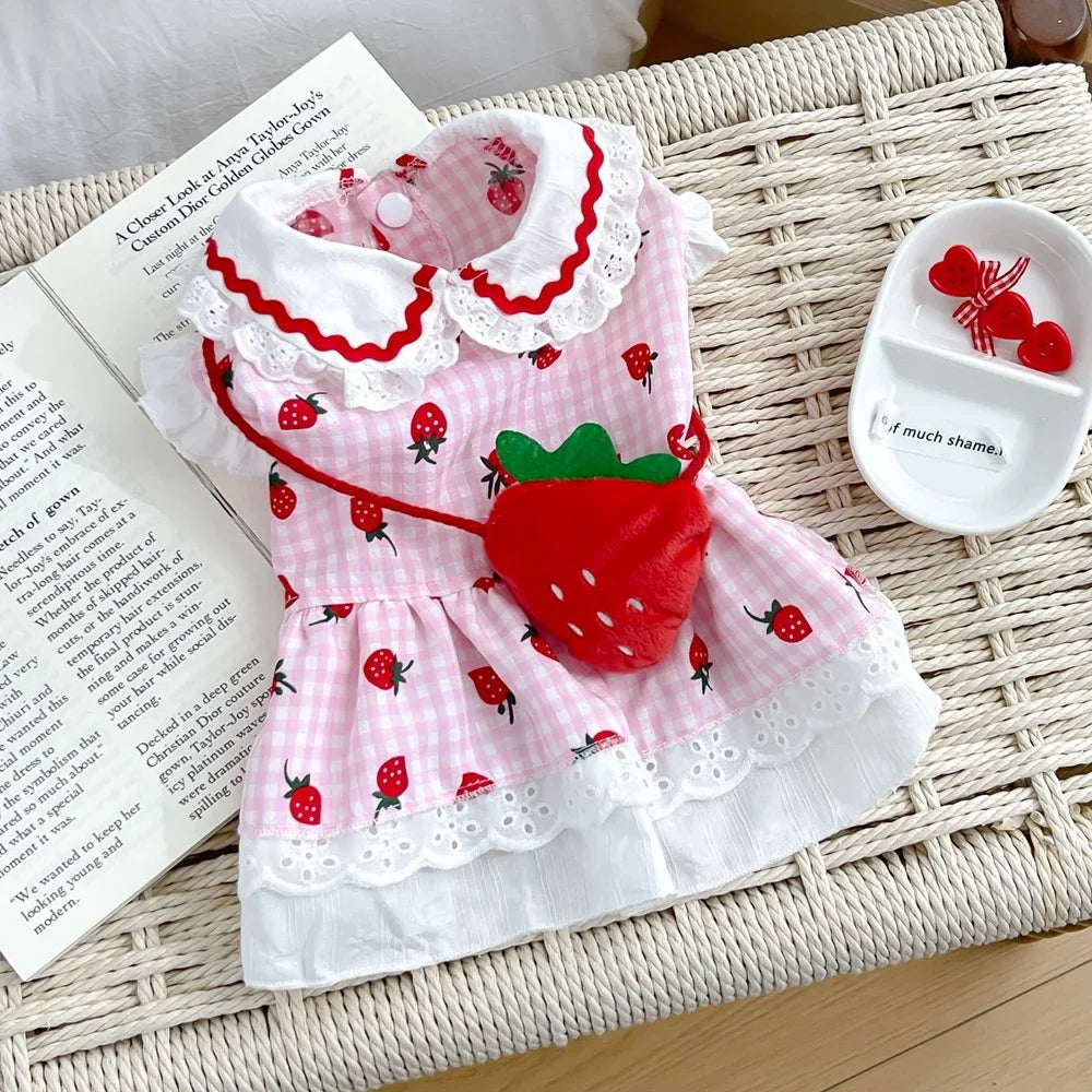 Strawberry Dress For Dogs Cute Plaid Summer Puppy Apparel
