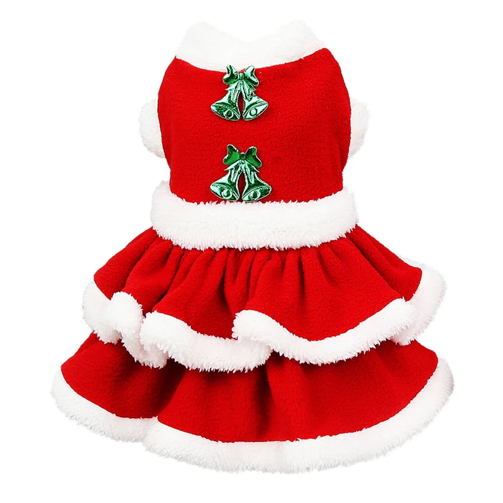 Christmas Dog Costume Dress Red Fleece Skirt Winter Outfit