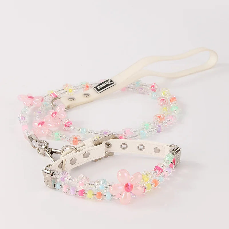 Colorful Flower Pet Collar and Leash Beaded Design