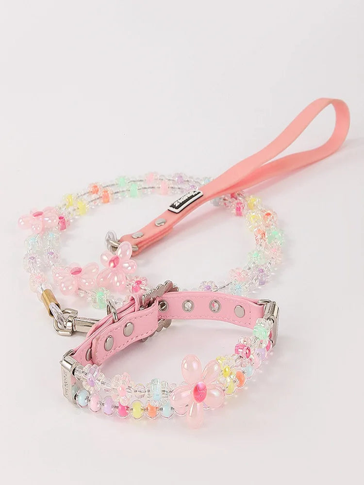 Colorful Flower Pet Collar and Leash Beaded Design