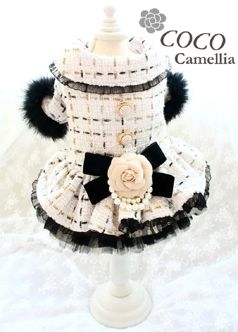Handmade Tweed Dog Clothes Dress Coat With Camellia Bow
