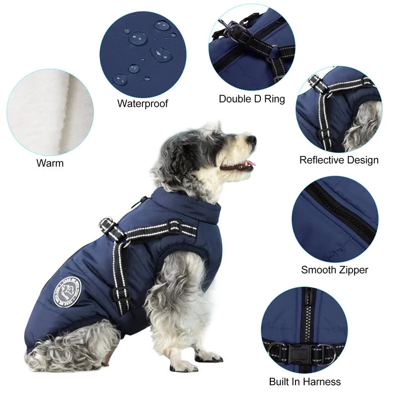 Winter Warm Dog Jacket Waterproof Coat With Harness Fleece