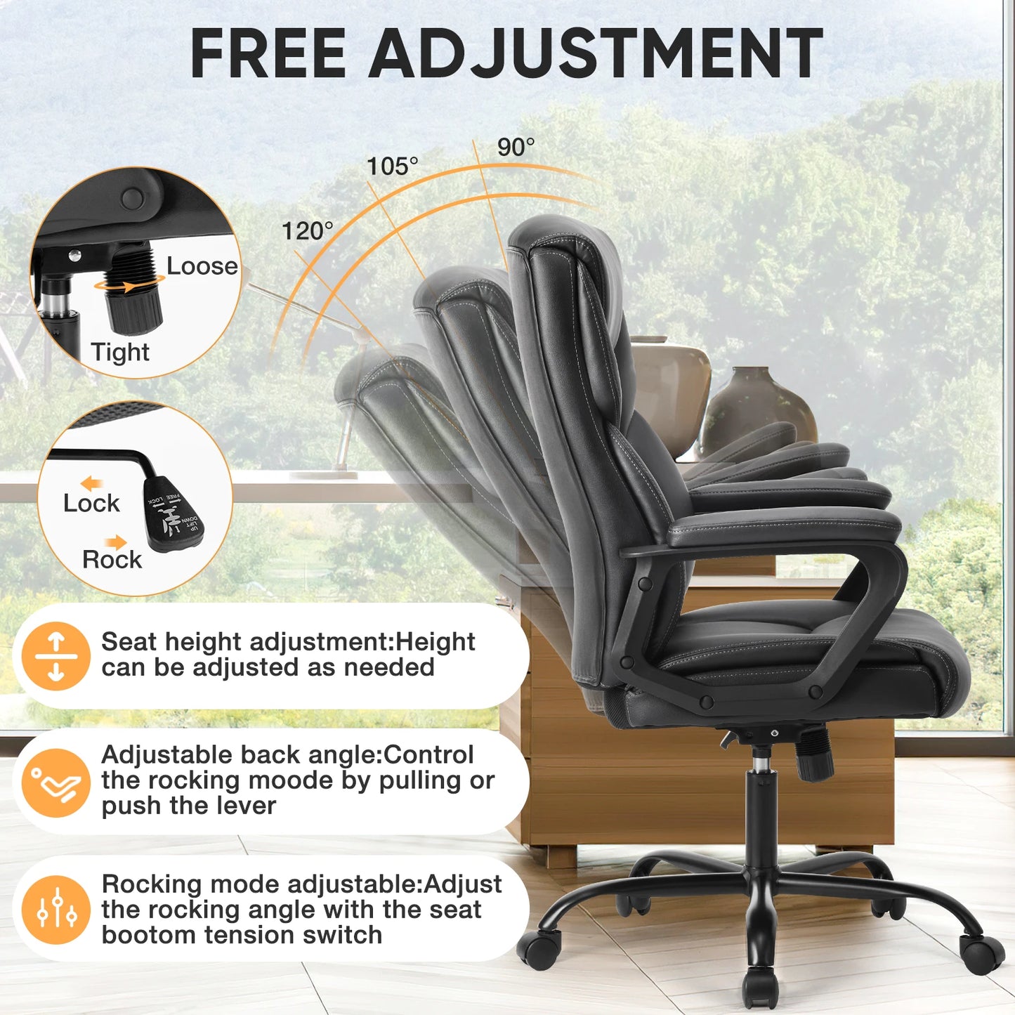 JHK Ergonomic PU Leather Armrest Chair With Lumbar Support