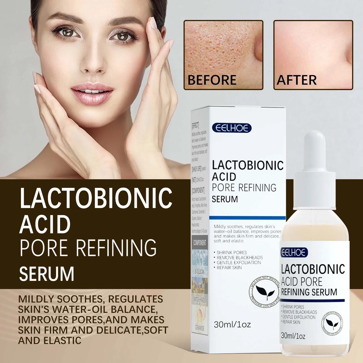3pcs Lactobionic Acid Pore Shrinking Facial Serum Firming & Moisturizing Cleansing Blackheads & Acne Beauty Skin Care Products