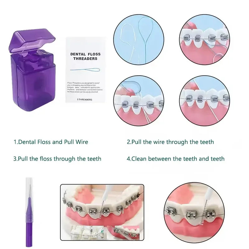 8pcs/set Dental Care Brush Kit Orthodontic Teeth Cleaning Tool Foldable Toothbrush Interdental Brush Floss Thread Wax Travel Kit