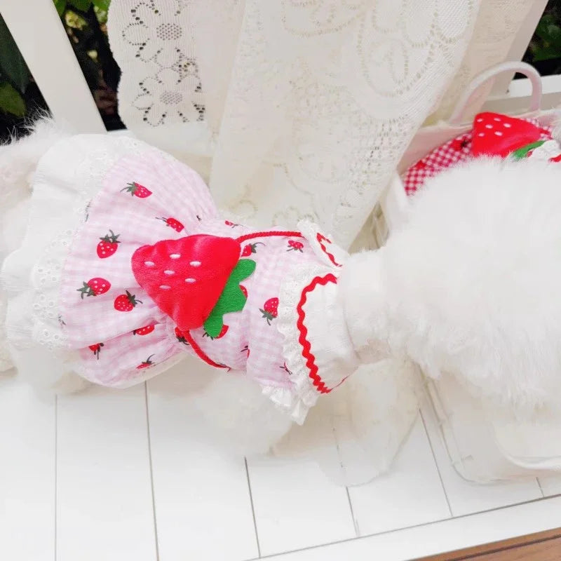 Strawberry Dress For Dogs Cute Plaid Summer Puppy Apparel