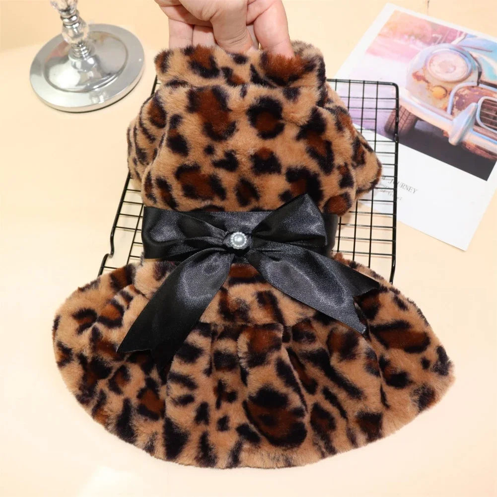 Winter Warm Dog Dress Rainbow Fleece Bow Leopard Print