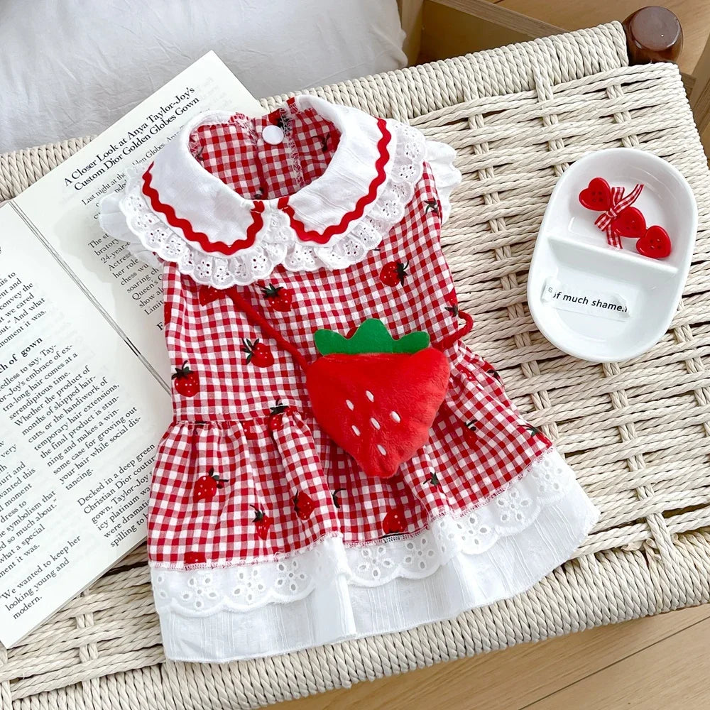 Strawberry Dress For Dogs Cute Plaid Summer Puppy Apparel