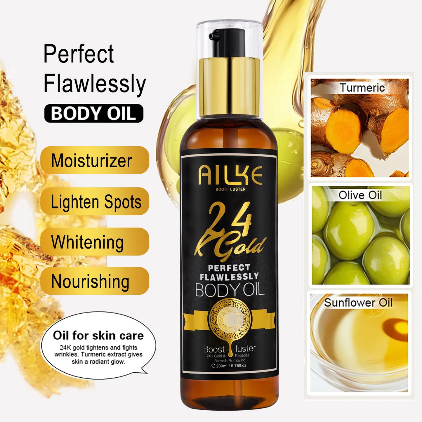 Ailke 24K Gold Flawless Body Oil Whitening Brightening