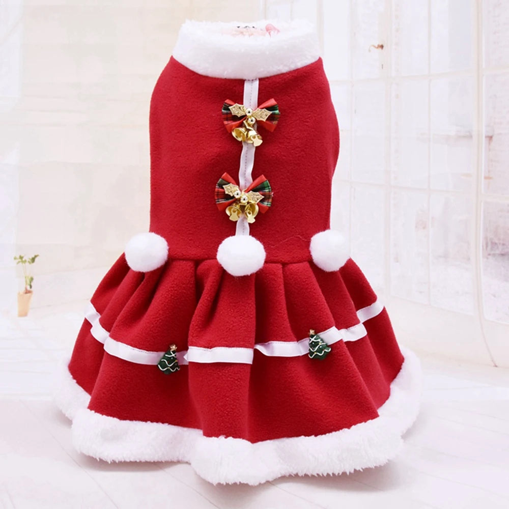 Christmas Dog Costume Dress Red Fleece Skirt Winter Outfit
