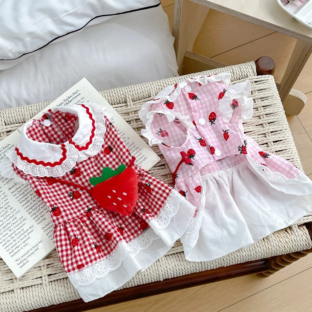 Strawberry Dress For Dogs Cute Plaid Summer Puppy Apparel