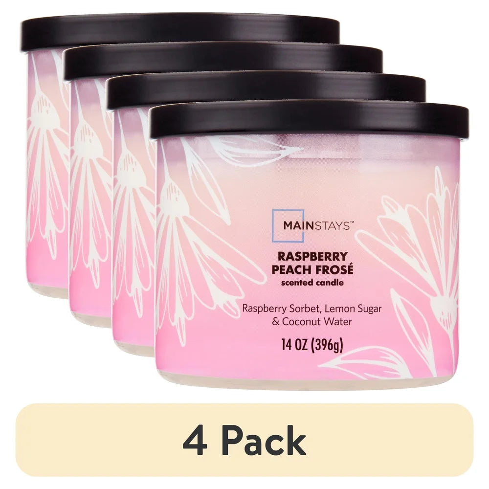 4 Pack Raspberry Peach 3 Wick Candles Scented Jar Decor