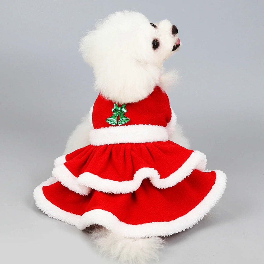 Christmas Dog Costume Dress Red Fleece Skirt Winter Outfit
