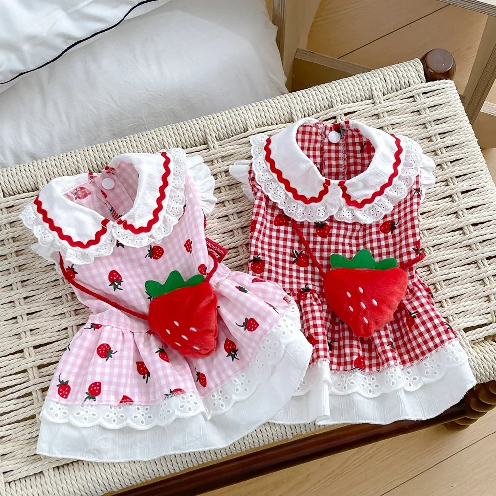 Strawberry Dress For Dogs Cute Plaid Summer Puppy Apparel