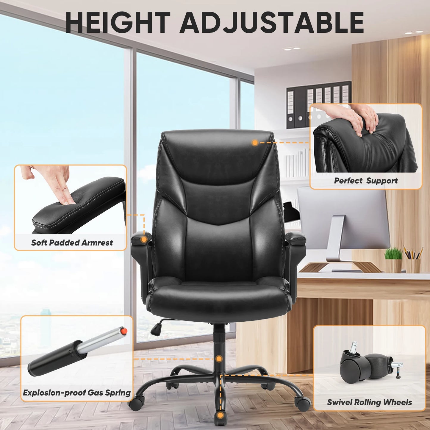 JHK Ergonomic PU Leather Armrest Chair With Lumbar Support