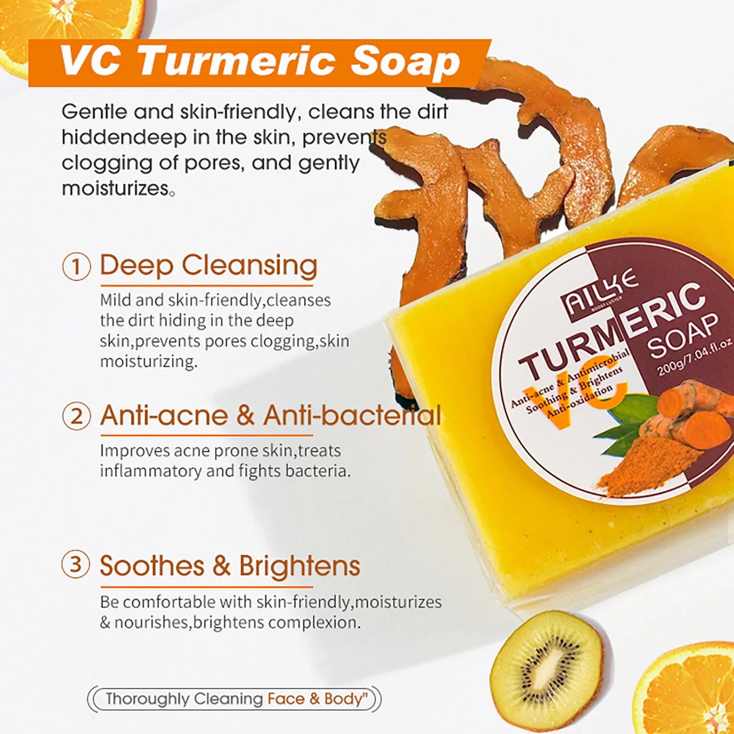 AILKE Natural Turmeric Soap for Face and Body Oil Control