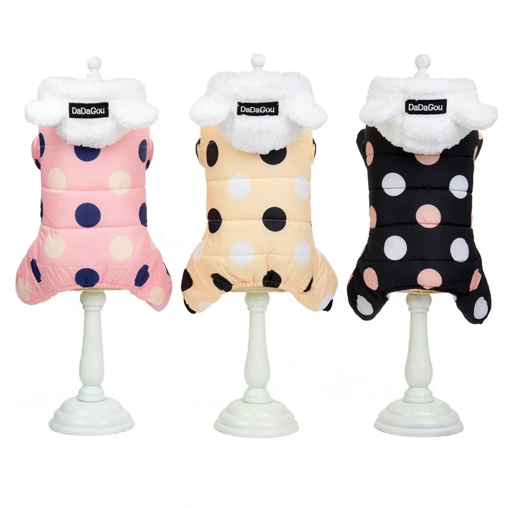 Winter Dog Hoodie Jumpsuit Dot Pattern Fleece Coat For Dogs