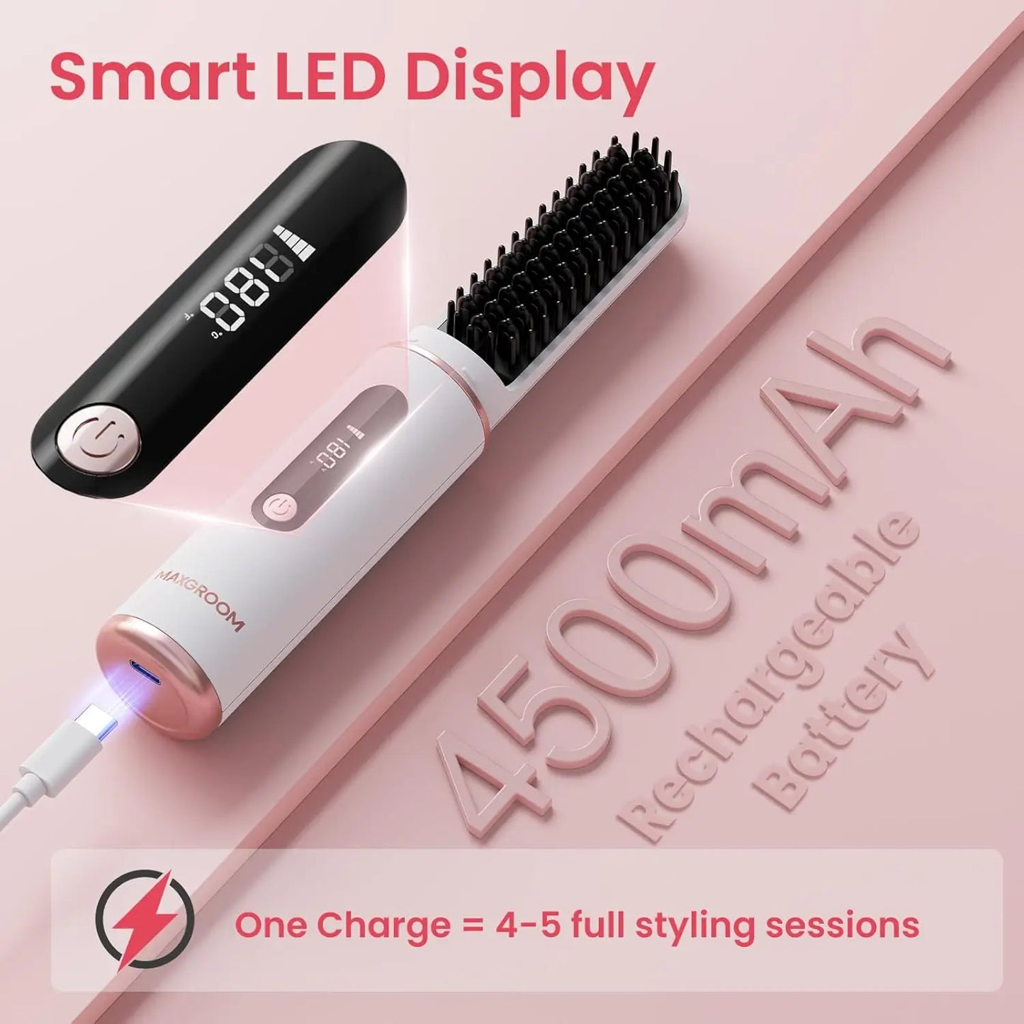 MAXGROOM Electric Hair Brushes Wireless Hair Straightener Brush Heating Ionic Straightener Comb Portable Rechargeable Hair Brush
