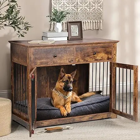 44 Inch Wooden Dog Crate End Table With Storage Drawers