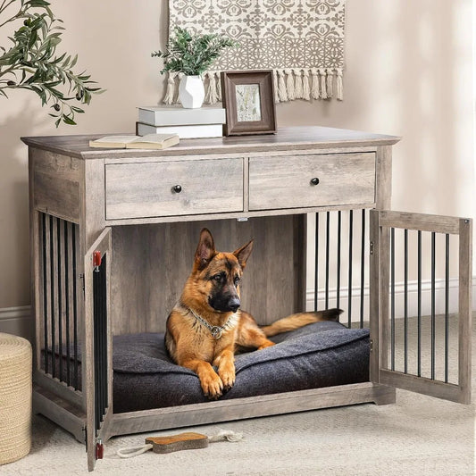 44 Inch Wooden Dog Crate End Table With Storage Drawers