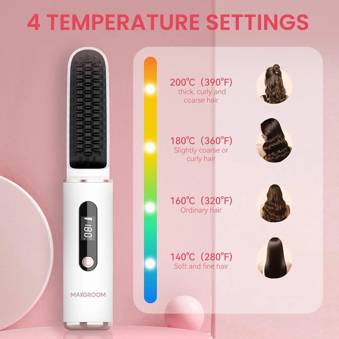 MAXGROOM Electric Hair Brushes Wireless Hair Straightener Brush Heating Ionic Straightener Comb Portable Rechargeable Hair Brush