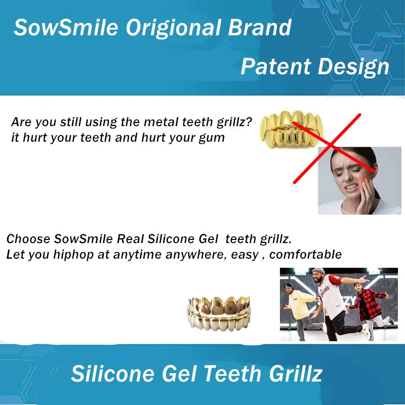 SowSmile Hiphop Gold Silver Real Silicone Gel Snap on Dental False Cover Perfect Smile Veneers Denture Braces Teeth Grillz