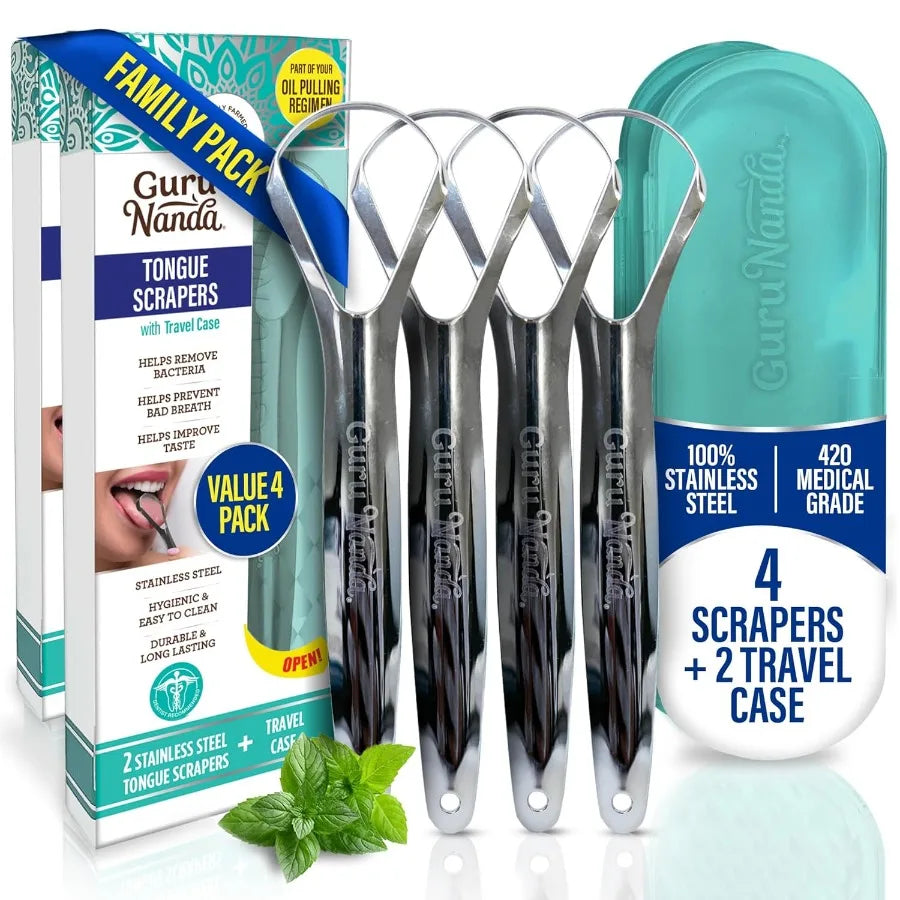4Pack Medical Grade Stainless Steel Tongue Scraper with Travel Case for Adults Enhances Fresh Breath and Daily Oral Care Routin