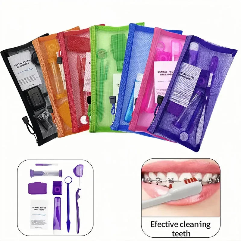 8pcs/set Dental Care Brush Kit Orthodontic Teeth Cleaning Tool Foldable Toothbrush Interdental Brush Floss Thread Wax Travel Kit
