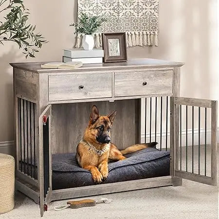 44 Inch Wooden Dog Crate End Table With Storage Drawers