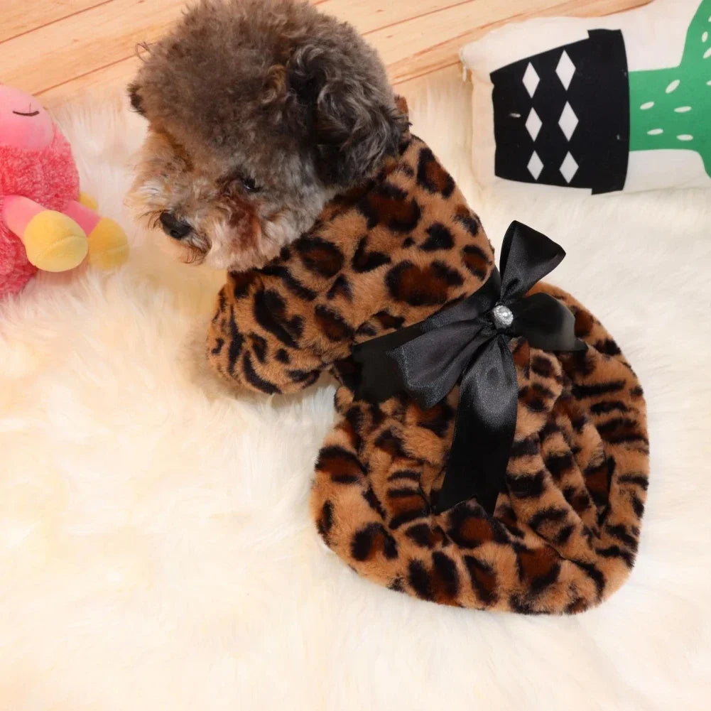 Winter Warm Dog Dress Rainbow Fleece Bow Leopard Print