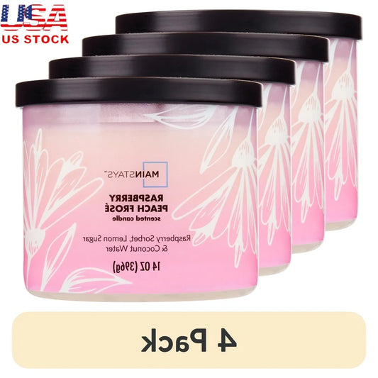 4 Pack Raspberry Peach 3 Wick Candles Scented Jar Decor