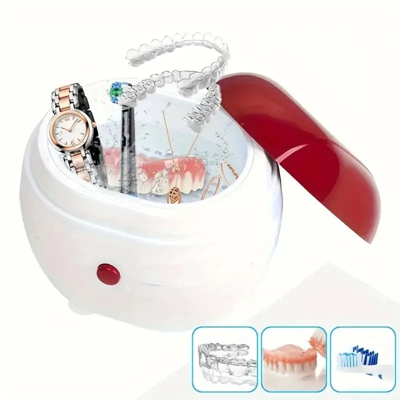 Portable Ultrasonic Denture Cleaner with Filtration, Automatic Sonic Dental Cleaner Box for Retainers, Mouth Guards, Clear Brace