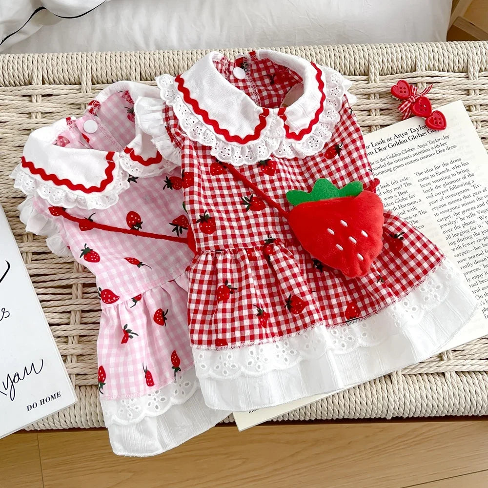 Strawberry Dress For Dogs Cute Plaid Summer Puppy Apparel