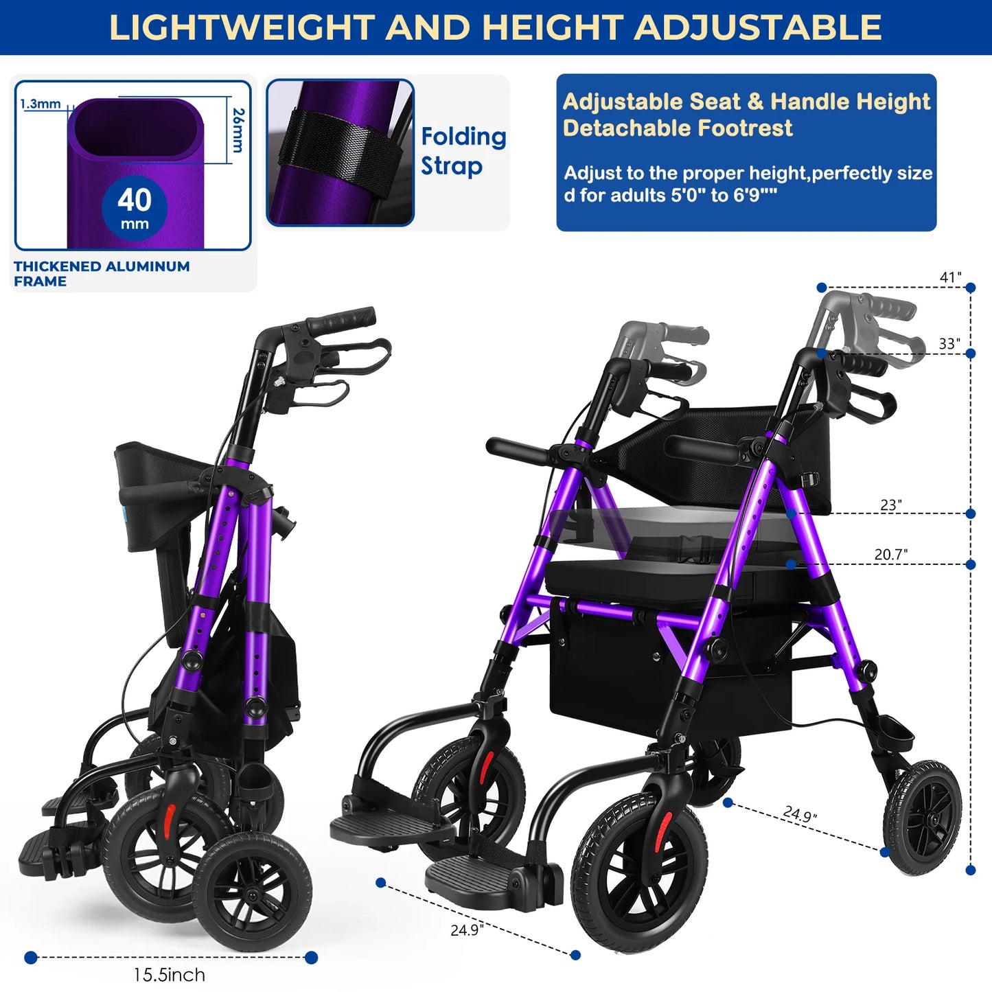 Lightweight 2 In 1 Rolling Walker Wheelchair With Brakes