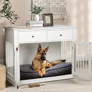 44 Inch Wooden Dog Crate End Table With Storage Drawers