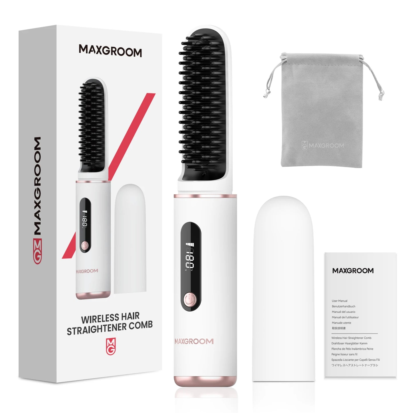 MAXGROOM Electric Hair Brushes Wireless Hair Straightener Brush Heating Ionic Straightener Comb Portable Rechargeable Hair Brush
