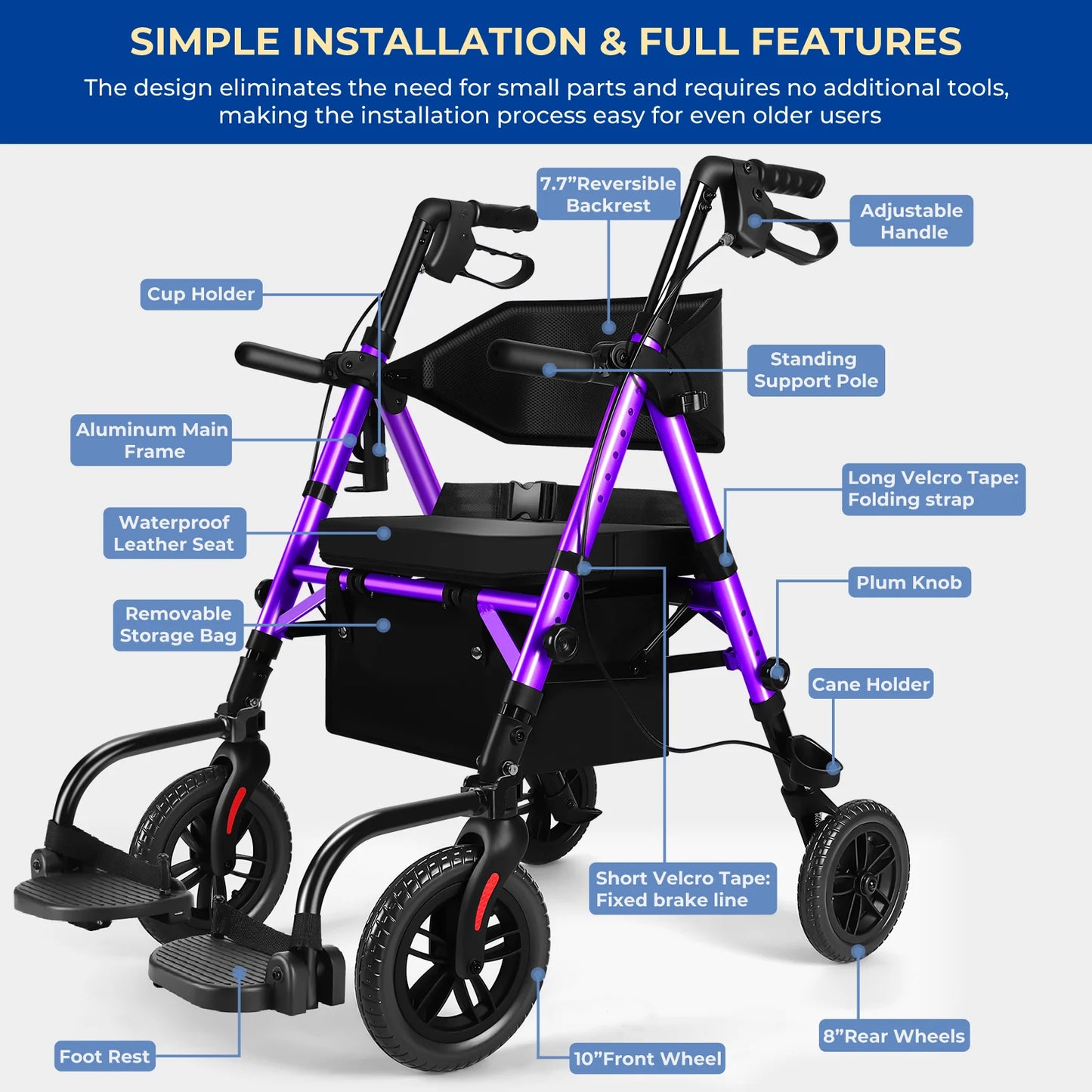 Lightweight 2 In 1 Rolling Walker Wheelchair With Brakes