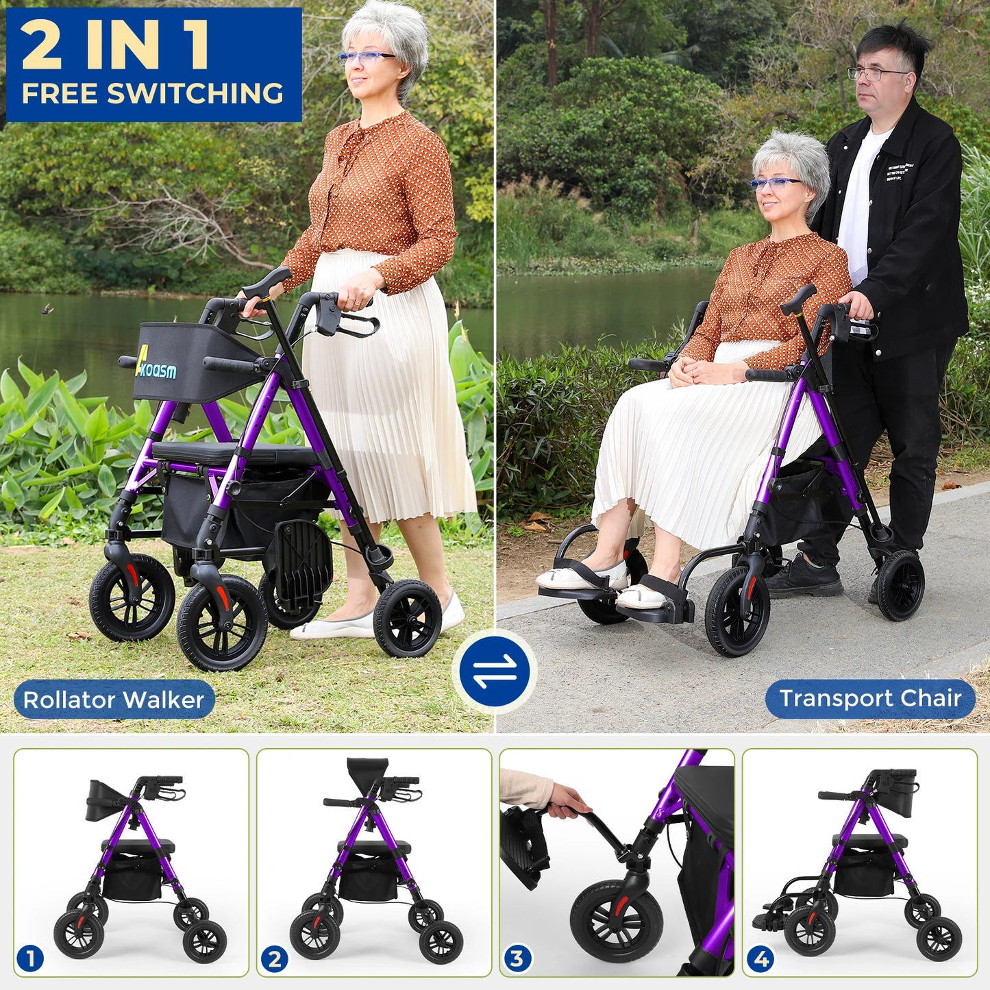 Lightweight 2 In 1 Rolling Walker Wheelchair With Brakes
