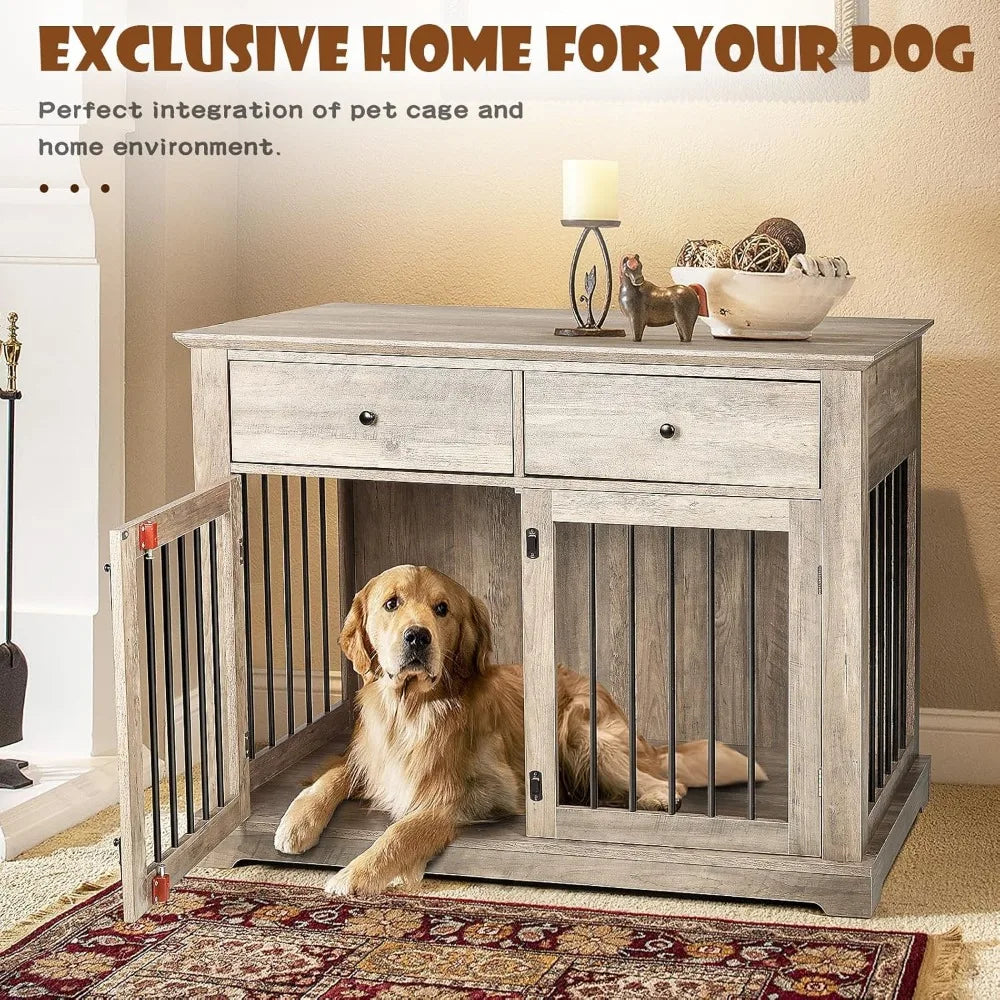 44 Inch Wooden Dog Crate End Table With Storage Drawers