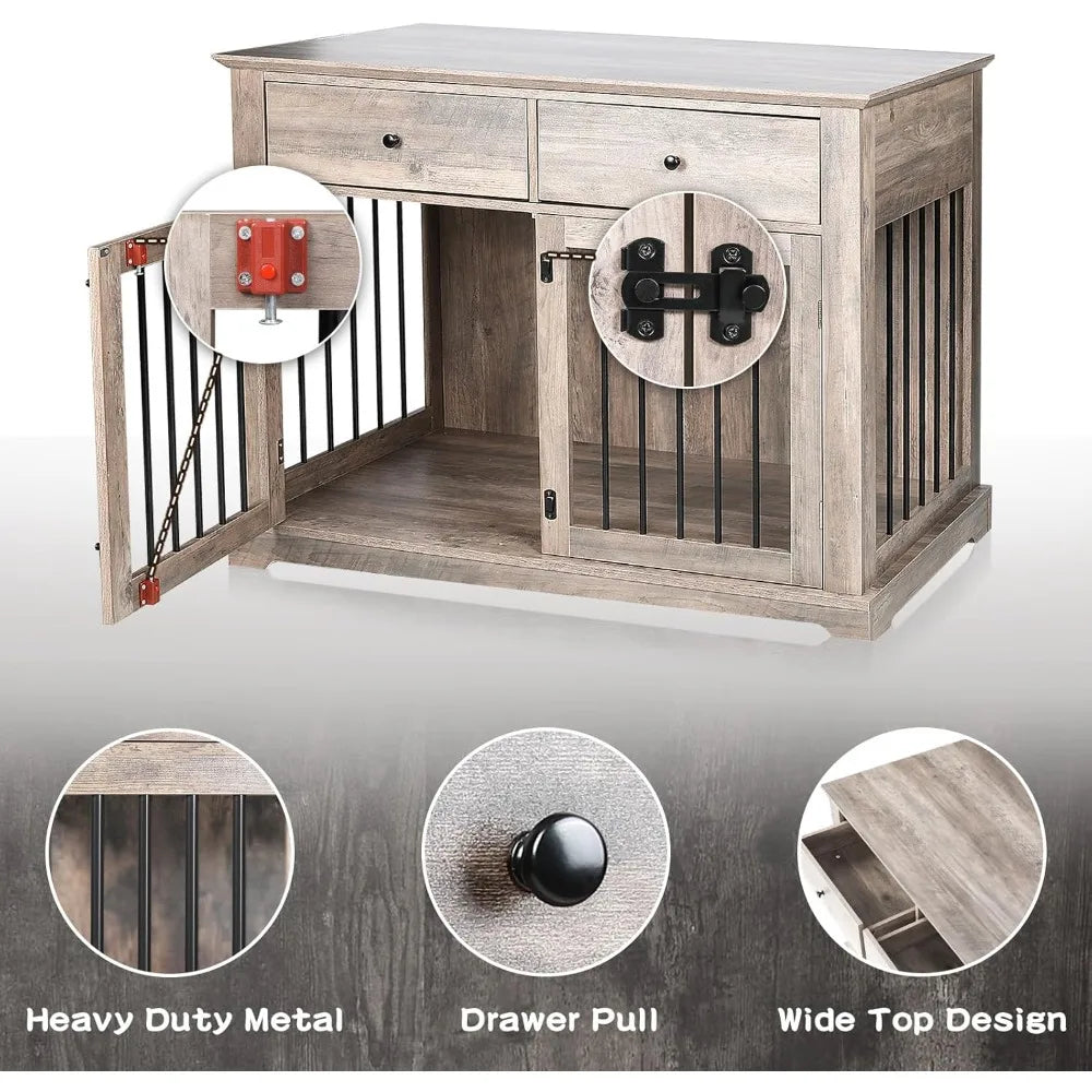 44 Inch Wooden Dog Crate End Table With Storage Drawers