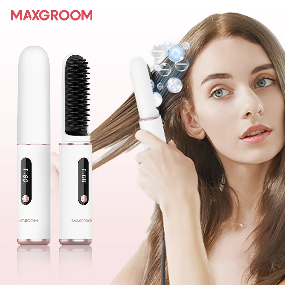 MAXGROOM Electric Hair Brushes Wireless Hair Straightener Brush Heating Ionic Straightener Comb Portable Rechargeable Hair Brush