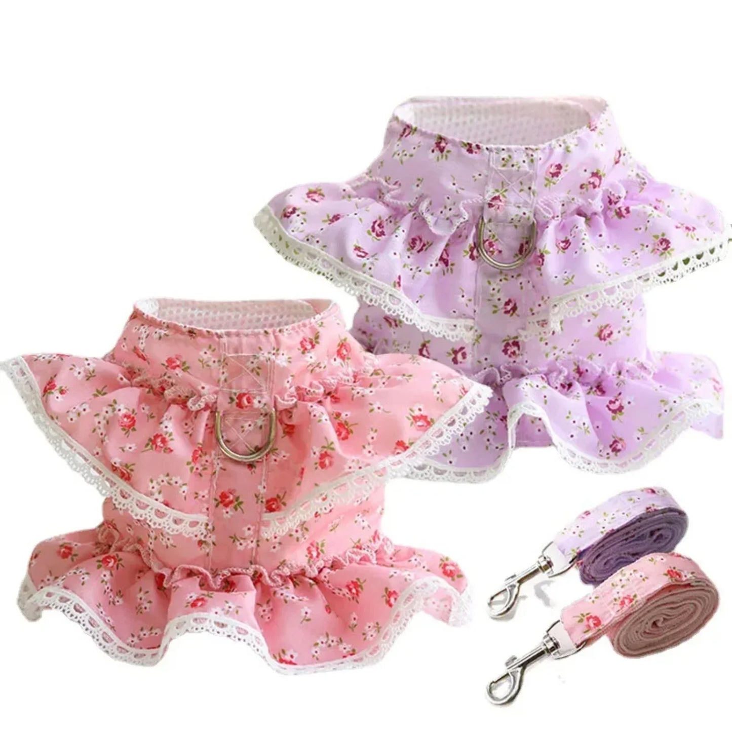 Adjustable Lace Floral Dog Harness Vest Leash Bundle