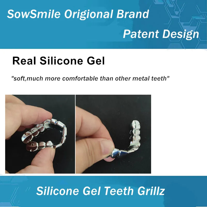 SowSmile Hiphop Gold Silver Real Silicone Gel Snap on Dental False Cover Perfect Smile Veneers Denture Braces Teeth Grillz