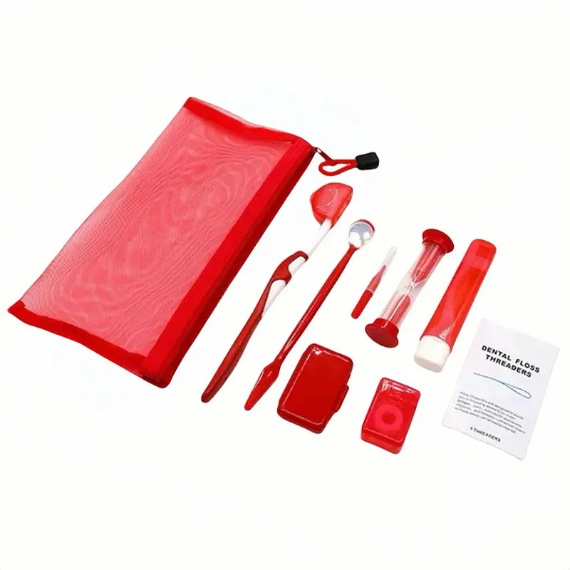 8pcs/set Dental Care Brush Kit Orthodontic Teeth Cleaning Tool Foldable Toothbrush Interdental Brush Floss Thread Wax Travel Kit
