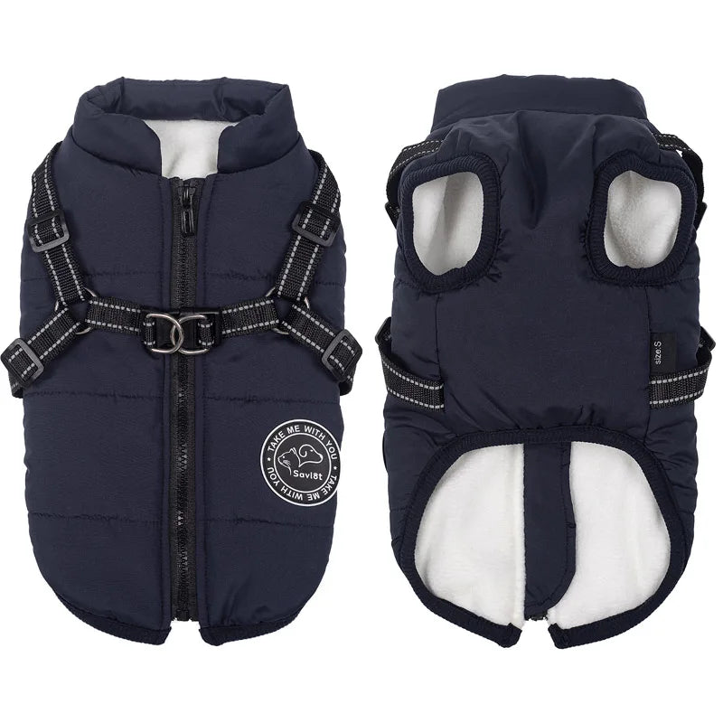 Winter Warm Dog Jacket Waterproof Coat With Harness Fleece