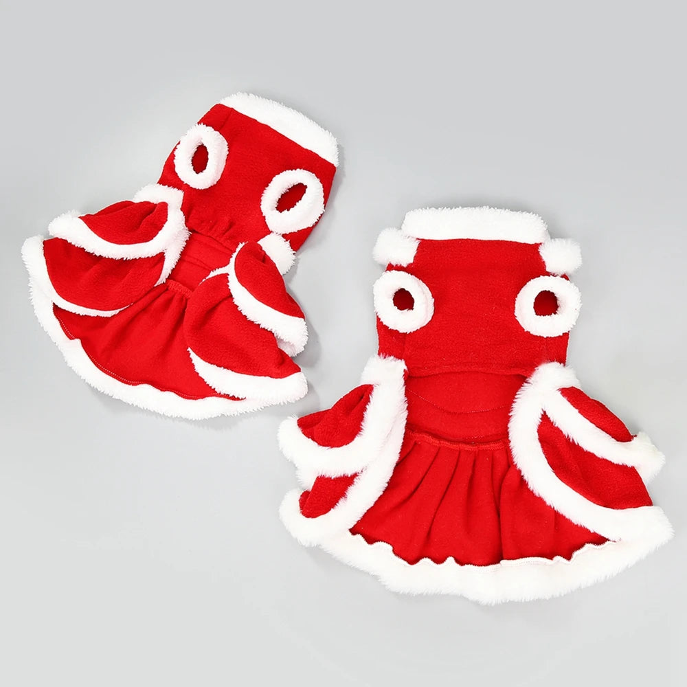 Christmas Dog Costume Dress Red Fleece Skirt Winter Outfit
