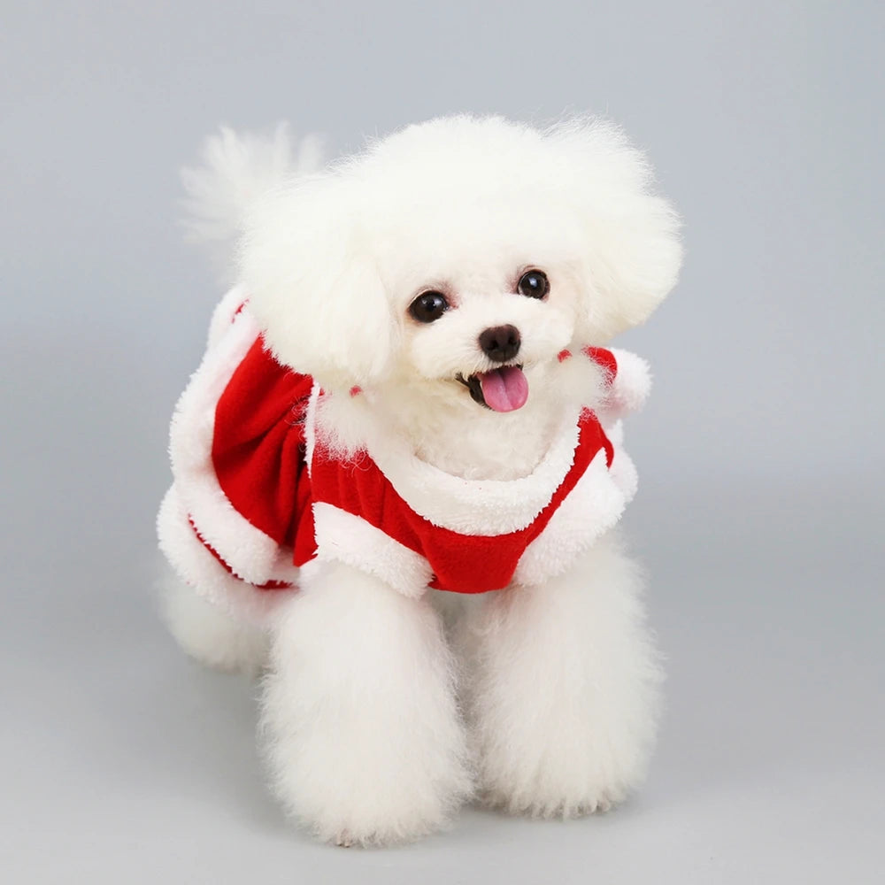 Christmas Dog Costume Dress Red Fleece Skirt Winter Outfit
