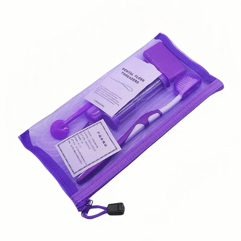 8pcs/set Dental Care Brush Kit Orthodontic Teeth Cleaning Tool Foldable Toothbrush Interdental Brush Floss Thread Wax Travel Kit