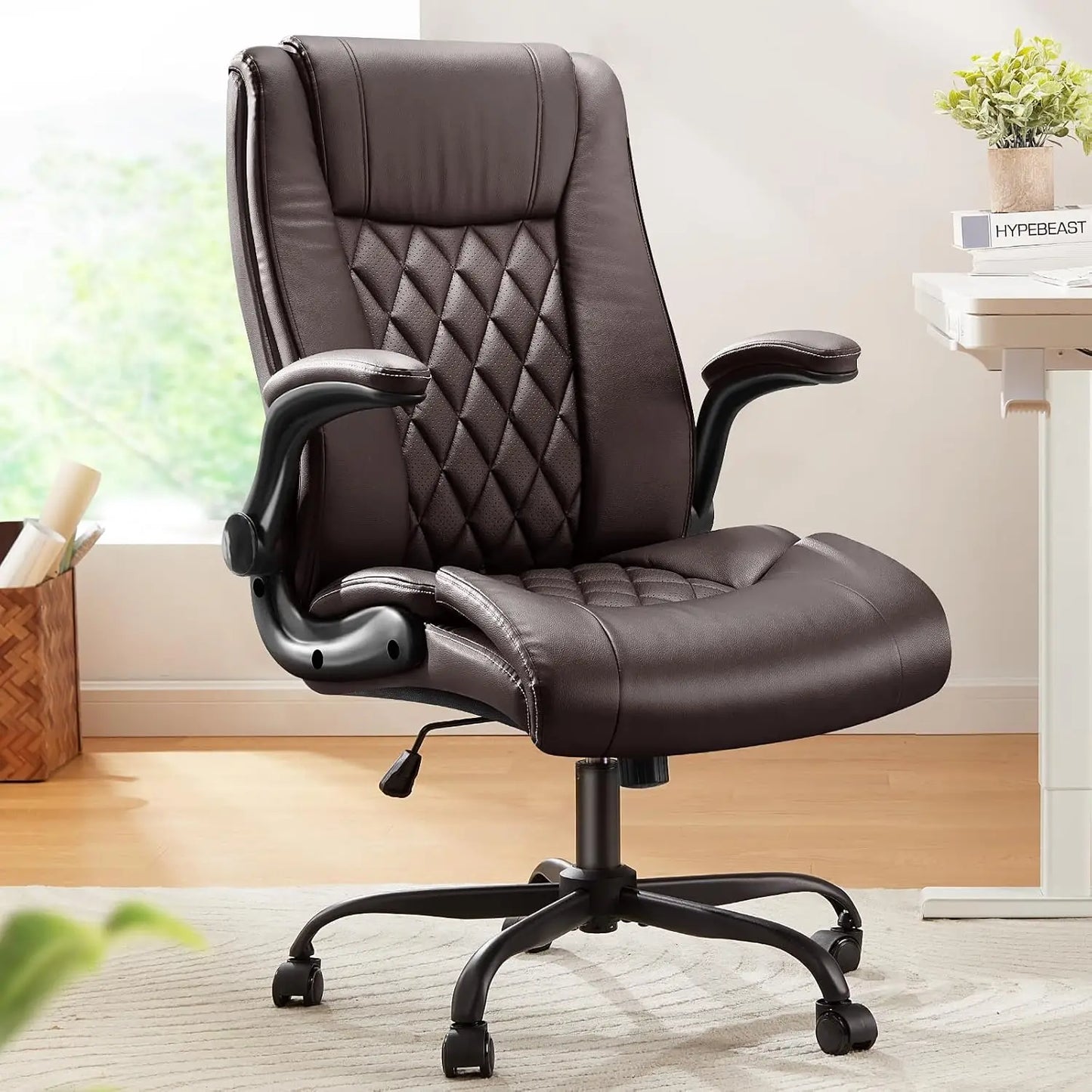 Ergonomic PU Leather Office Chair With Flip Up Armrests